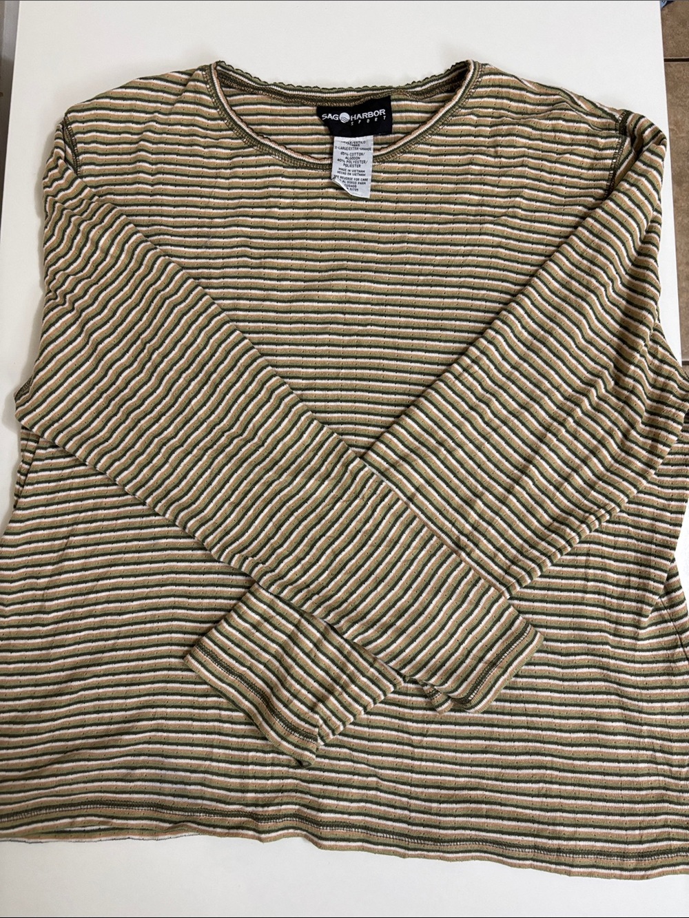 Sag Harbor Olive and Cream Striped Long-Sleeve Crew Top